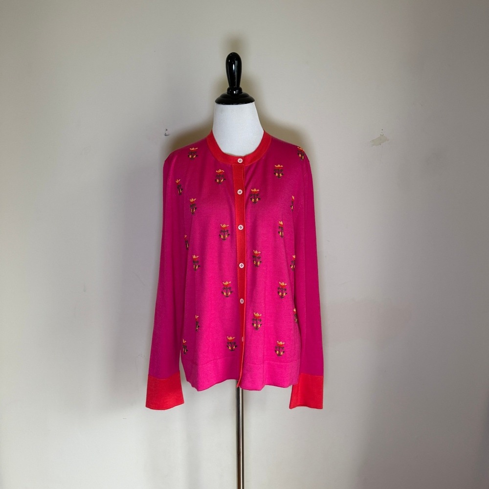 Carolina Herrera New York Cashmere Silk Beaded Floral Cardigan Womens XL Pink